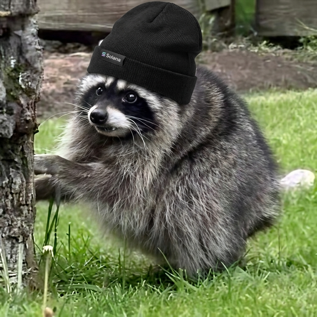 the raccoon in the beanie